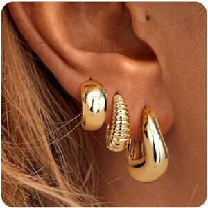🆕 Women Gold Trendy Small Hoop Earrings Twisted Huggie Thick Open Chunky Stacks